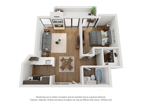 Floor plan for 1 bed, 1 bath, 575 sqft
